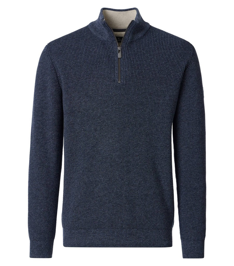 A navy blue ribbed knit quarter-zip sweater with a high stand collar, shown on a plain white background.