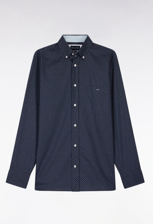 Navy patterned shirt on a white background