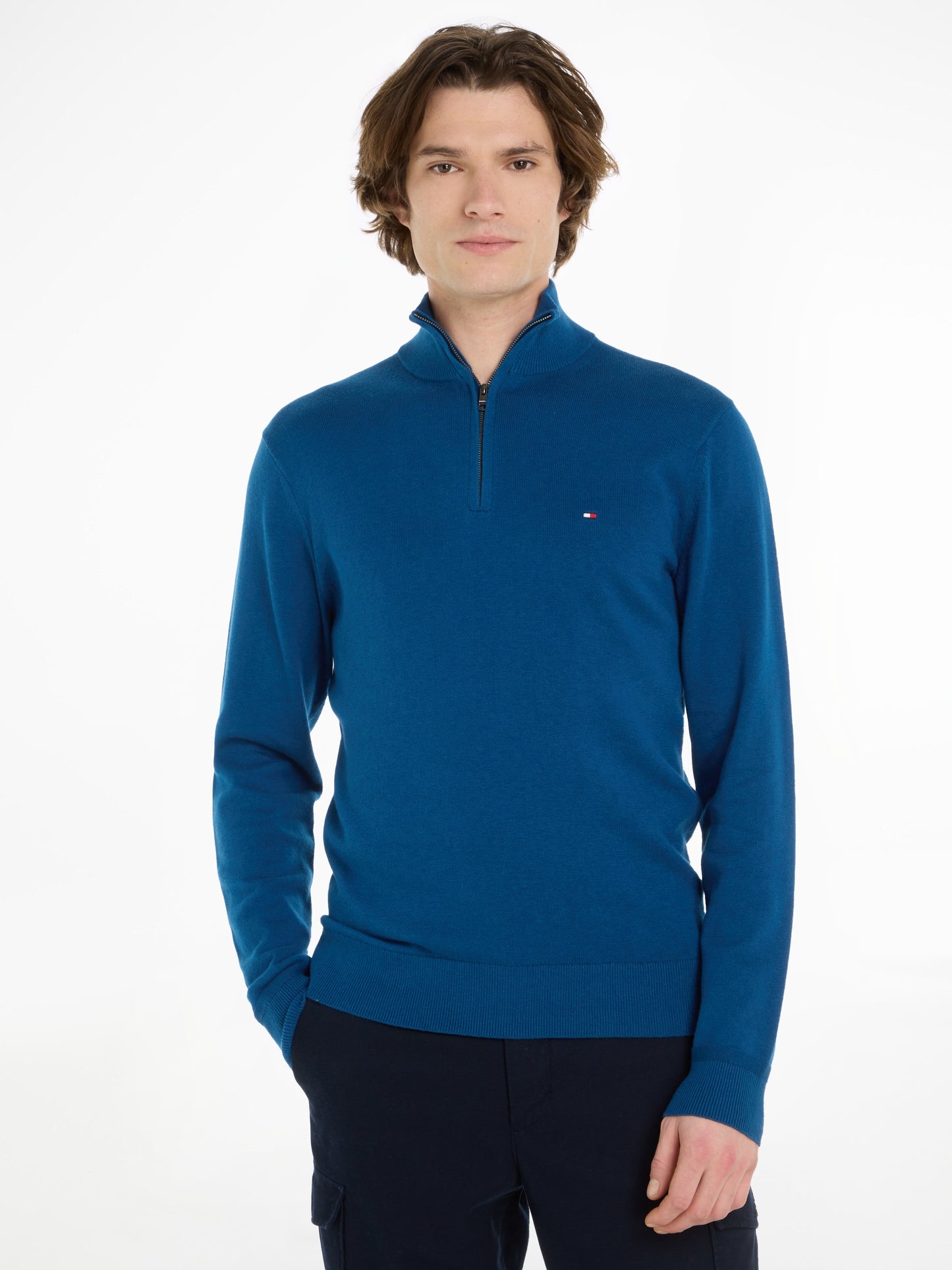 Tommy Hilfiger Cotton Cashmere Zip Neck Jumper Deep Indigo