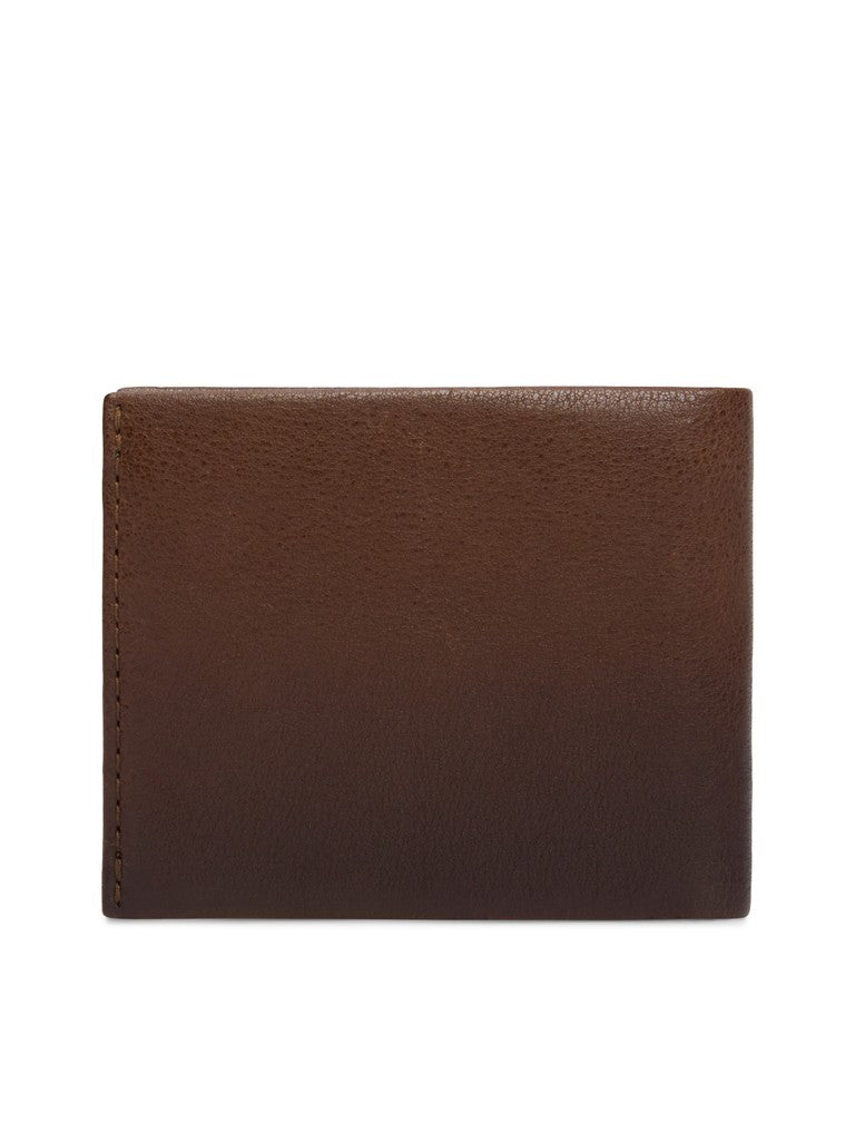 A dark brown textured leather bifold wallet shown closed against a plain white background.
