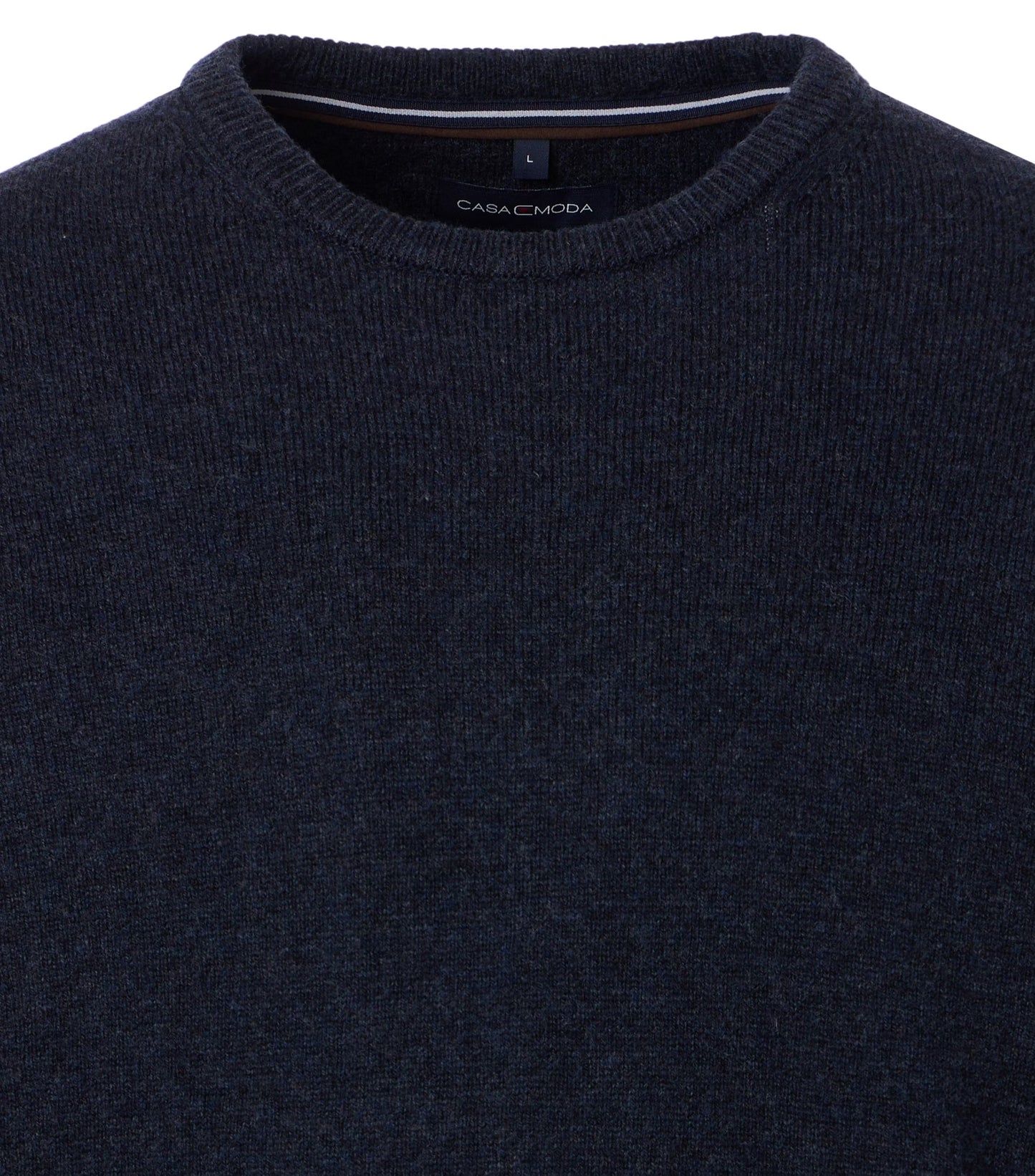 Navy blue sweater with 'CasaModa' branding on a white background