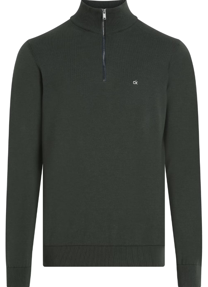 Calvin Klein Cotton Silk Quarter Zip Jumper, Front, Midnight Forest - Matt O'Brien Fashions
