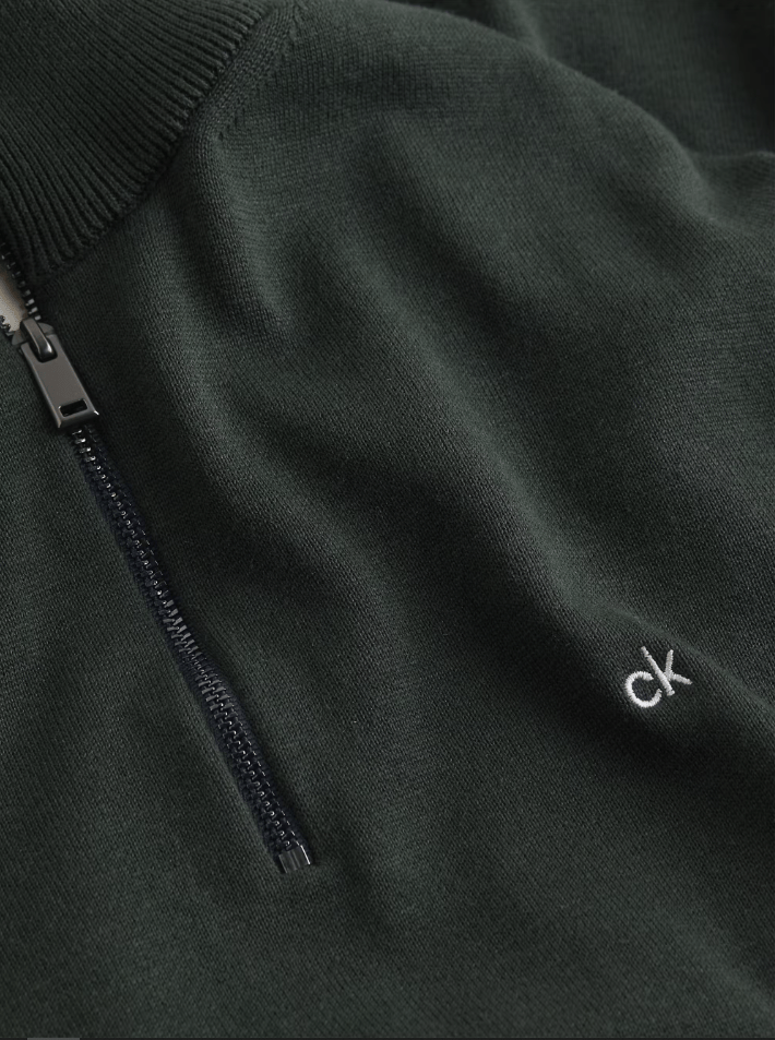 Calvin Klein Cotton Silk Quarter Zip Jumper, front close up, Midnight Forest - Matt O'Brien Fashions