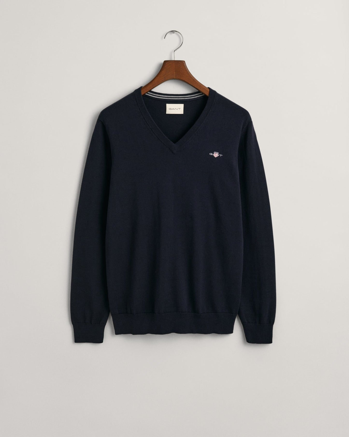 GANT Classic Cotton V-Neck Jumper on hanger, front, Evening Blue from Matt O'Brien Fashions
