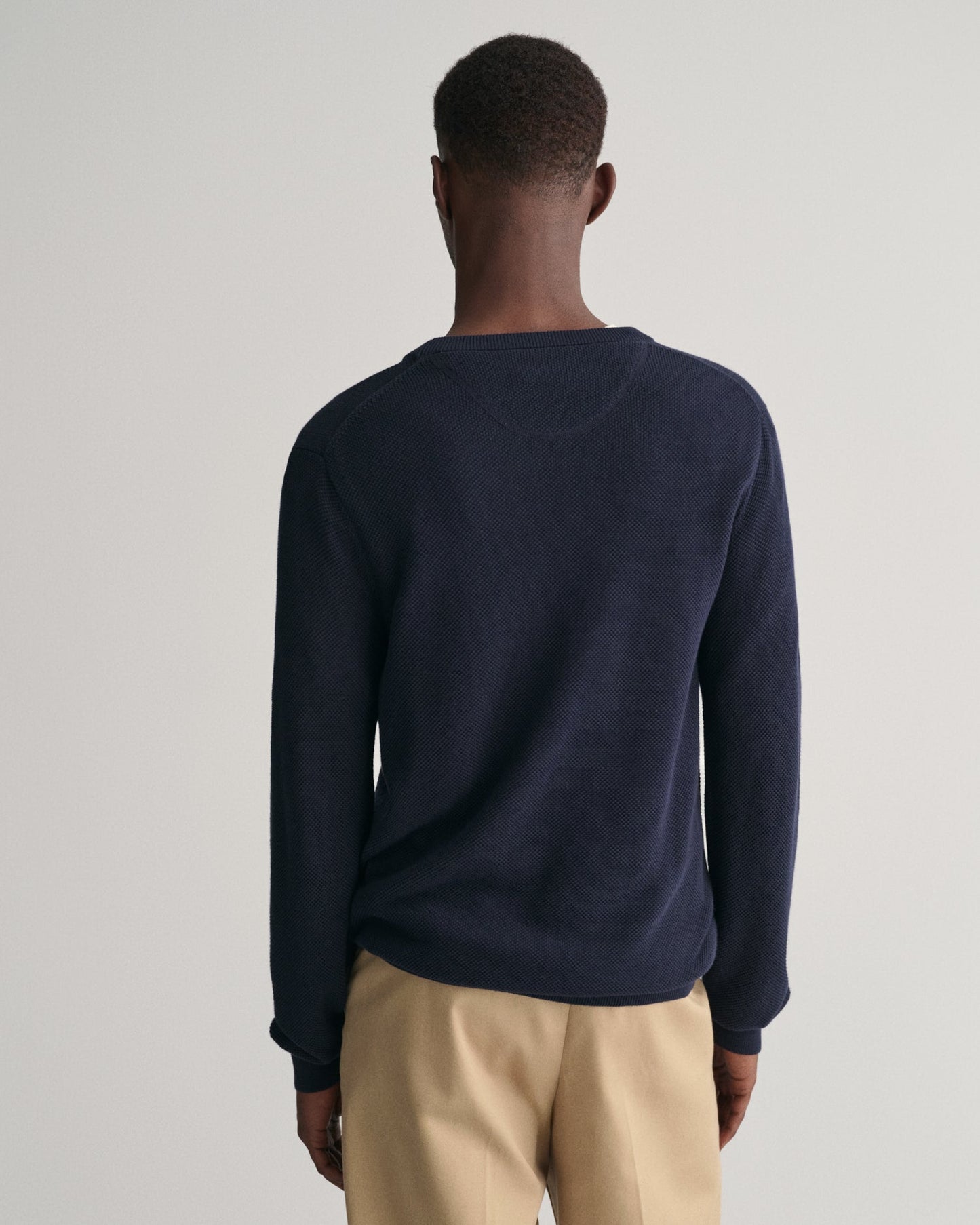 GANT Cotton Pique Crew Neck Jumper on model, back, evening blue - Matt O'Brien Fashions