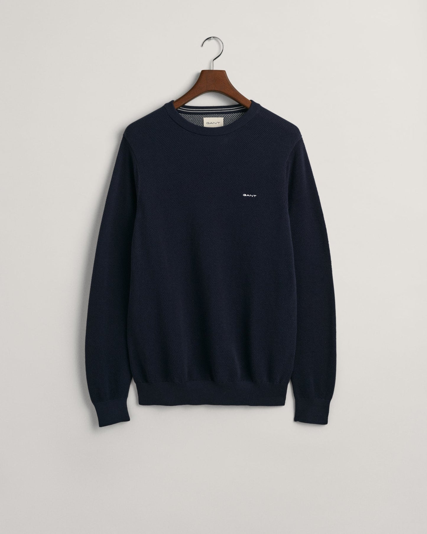 GANT Cotton Pique Crew Neck Jumper, front, evening blue - Matt O'Brien Fashions