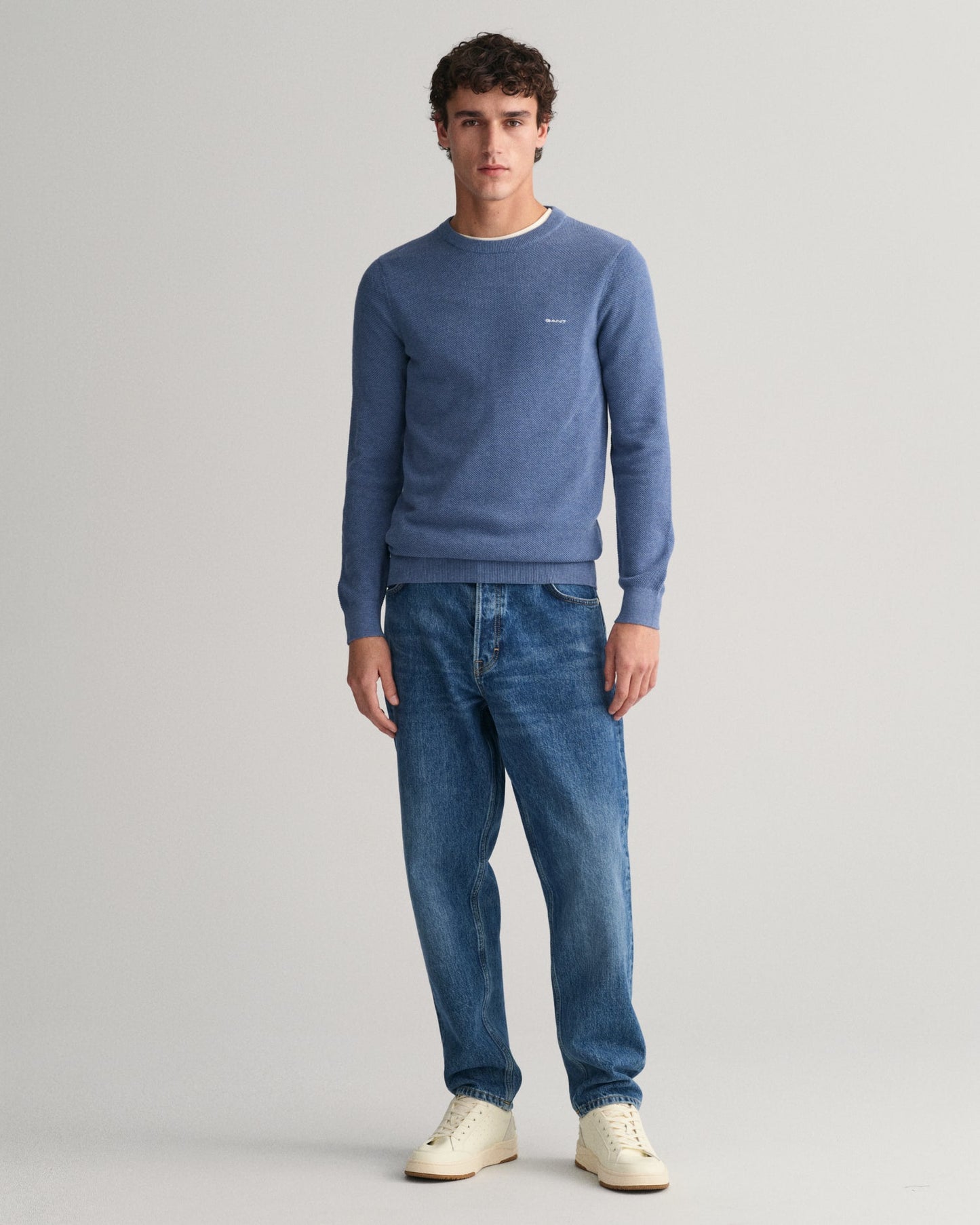 GANT Cotton Pique Crew Neck Jumper on model, front full length, denim blue - Matt O'Brien Fashions