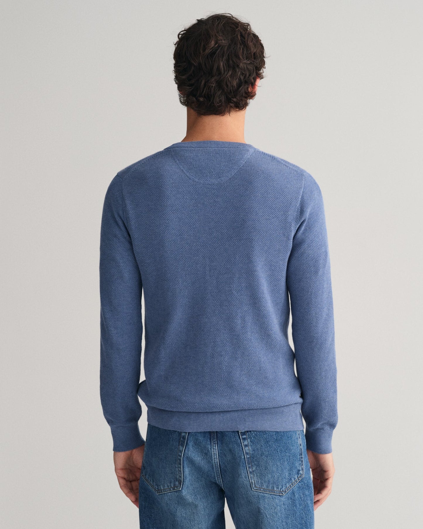 GANT Cotton Pique Crew Neck Jumper on model, back, denim blue - Matt O'Brien Fashions