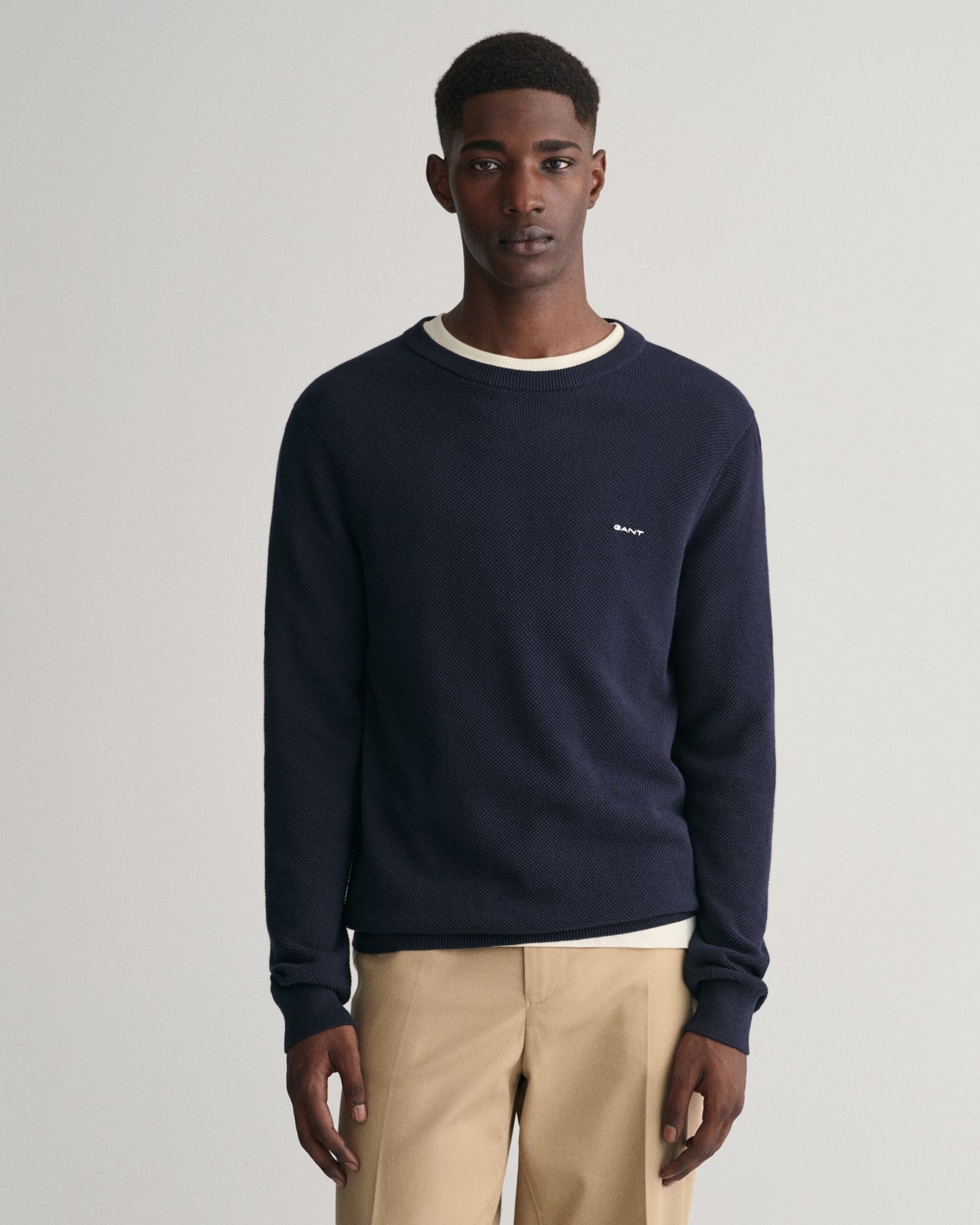 GANT Cotton Pique Crew Neck Jumper on model, front, evening blue - Matt O'Brien Fashions