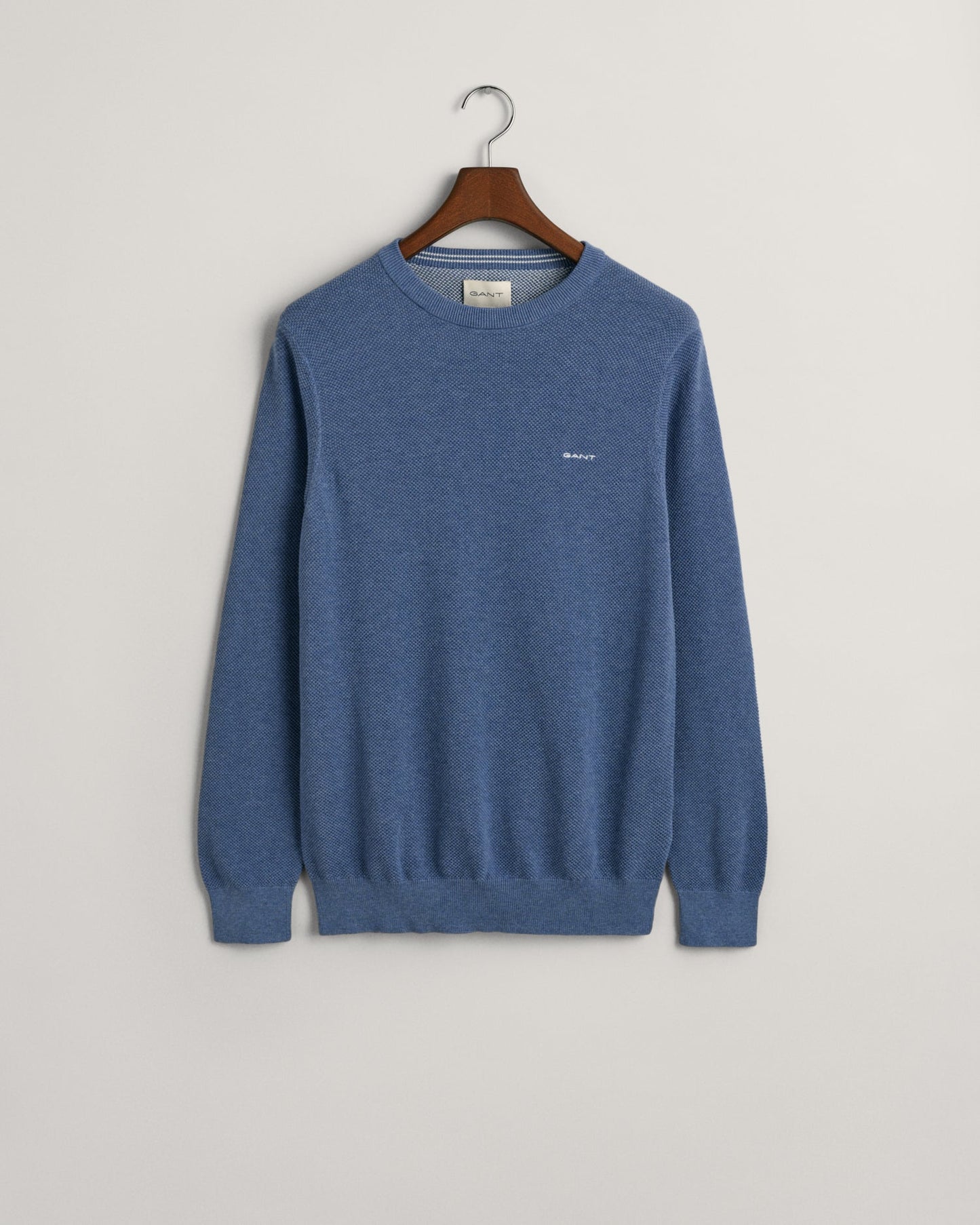 GANT Cotton Pique Crew Neck Jumper, front, denim blue - Matt O'Brien Fashions