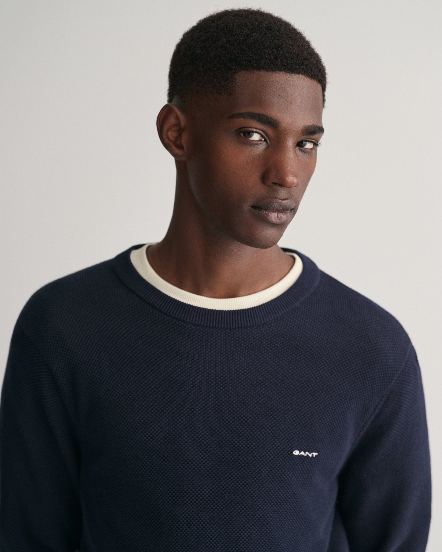 GANT Cotton Pique Crew Neck Jumper on model, front close up, evening blue - Matt O'Brien Fashions