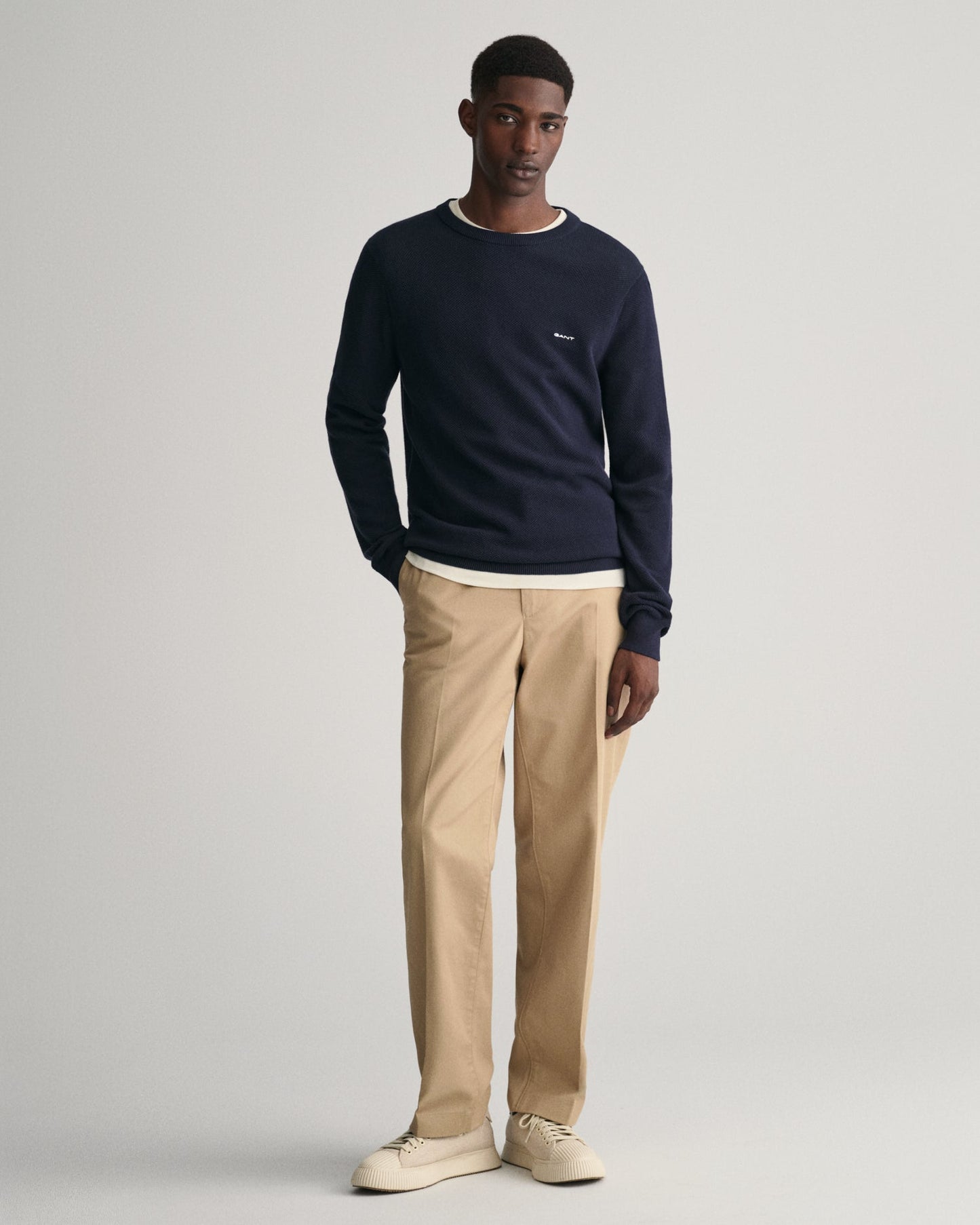 GANT Cotton Pique Crew Neck Jumper on model, front full length, evening blue - Matt O'Brien Fashions