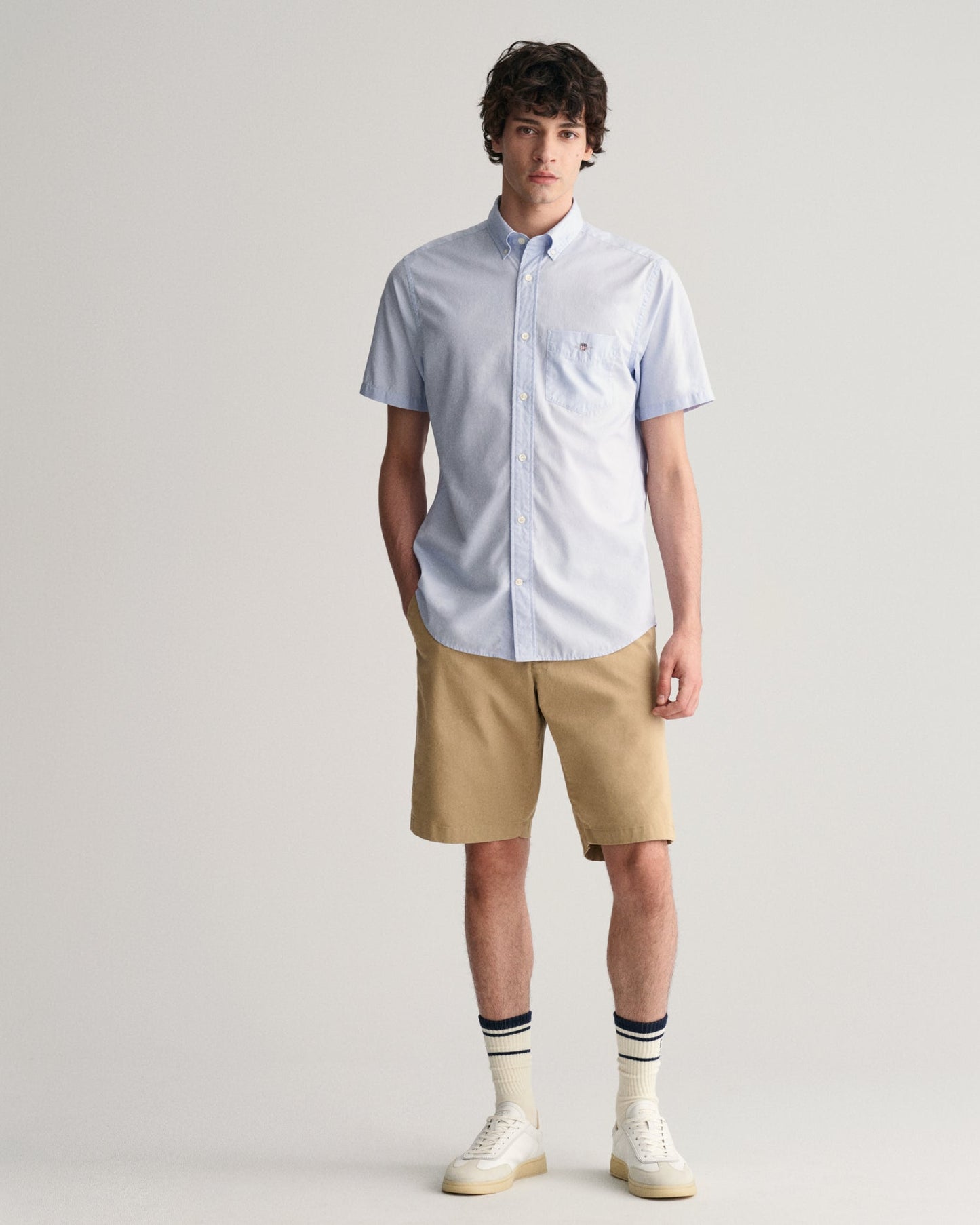 GANT Regular Poplin Short Sleeve Shirt on model, front full length, light blue - Matt O'Brien Fashions