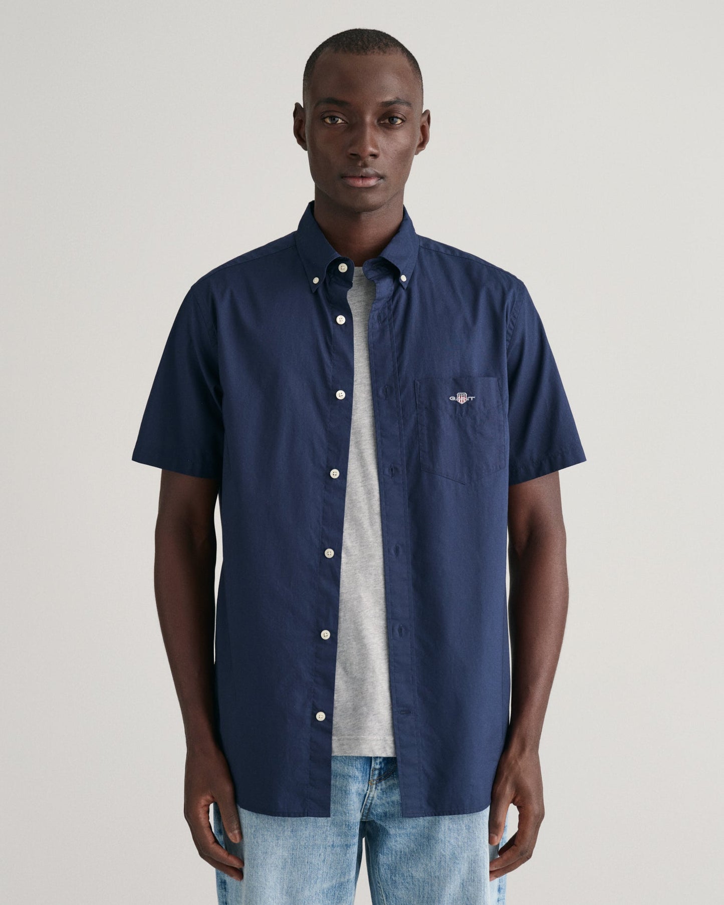 GANT Regular Poplin Short Sleeve Shirt on model, front, marine - Matt O'Brien Fashions