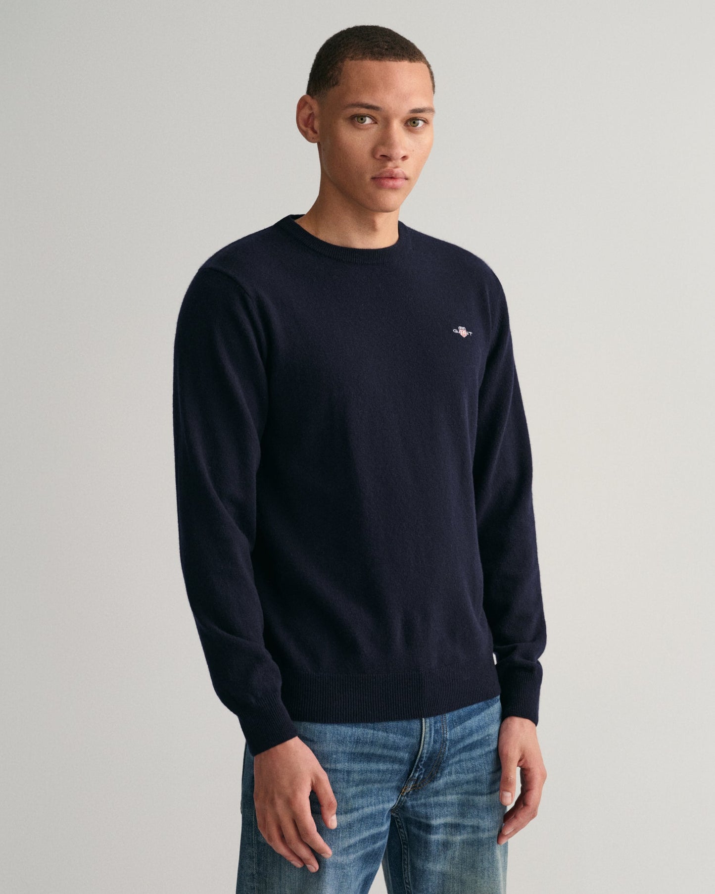GANT Superfine Lambs Wool Crew Neck Jumper on model, front, Marine - Matt O'Brien Fashions