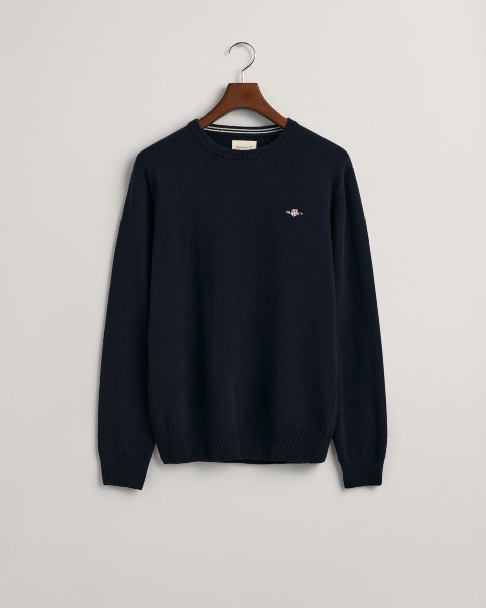 GANT Superfine Lambs Wool Crew Neck Jumper on hanger, front, Marine - Matt O'Brien Fashions
