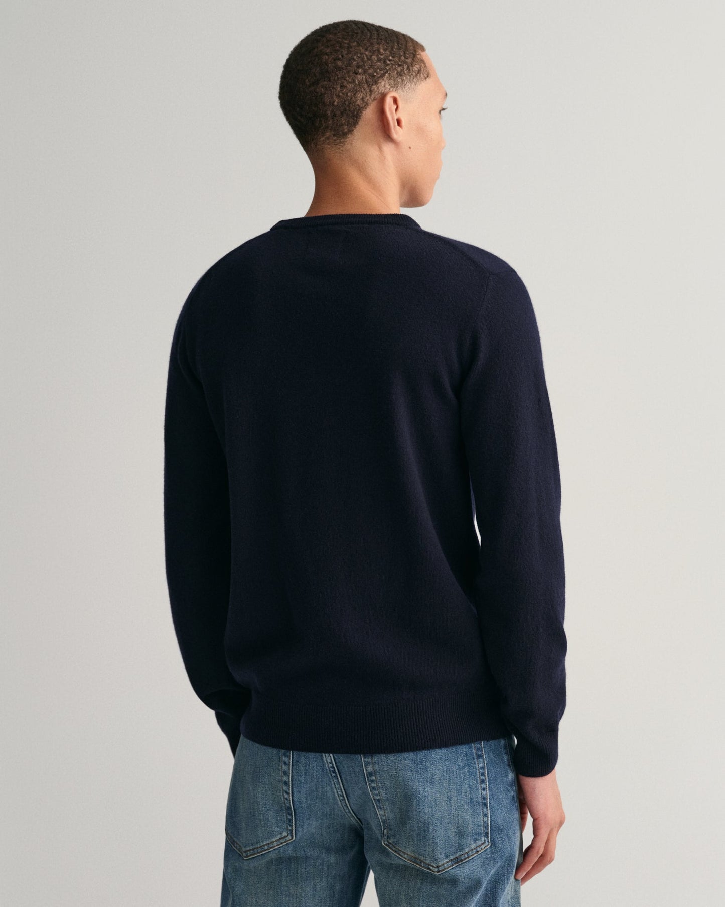 GANT Superfine Lambs Wool Crew Neck Jumper on model, back, Marine - Matt O'Brien Fashions