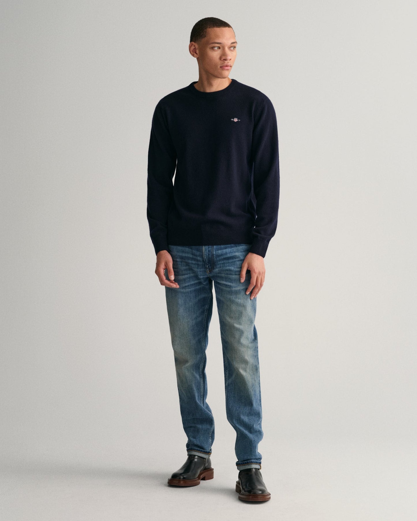 GANT Superfine Lambs Wool Crew Neck Jumper on model, front full length, Marine - Matt O'Brien Fashions