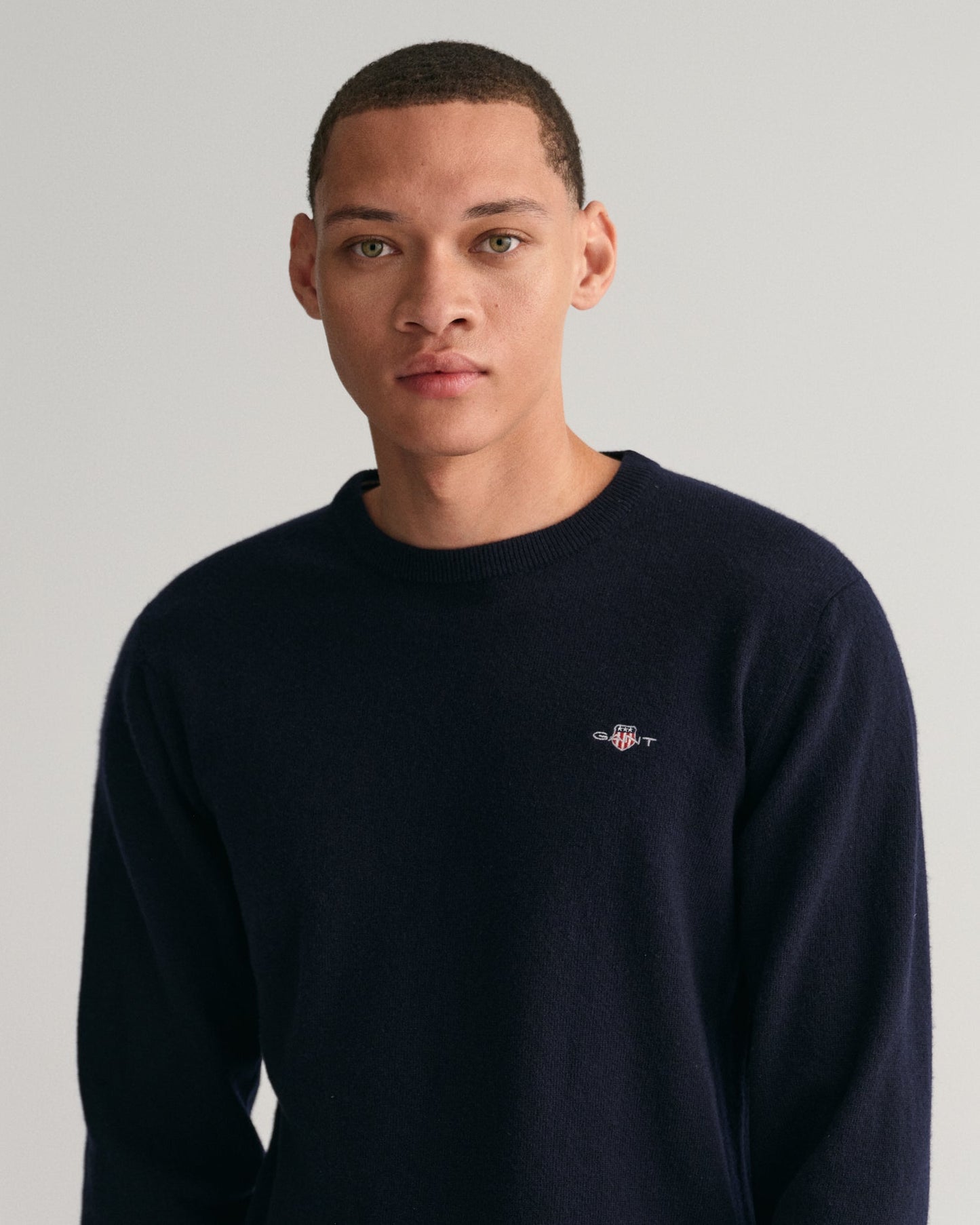 GANT Superfine Lambs Wool Crew Neck Jumper on model, front close up, Marine - Matt O'Brien Fashions