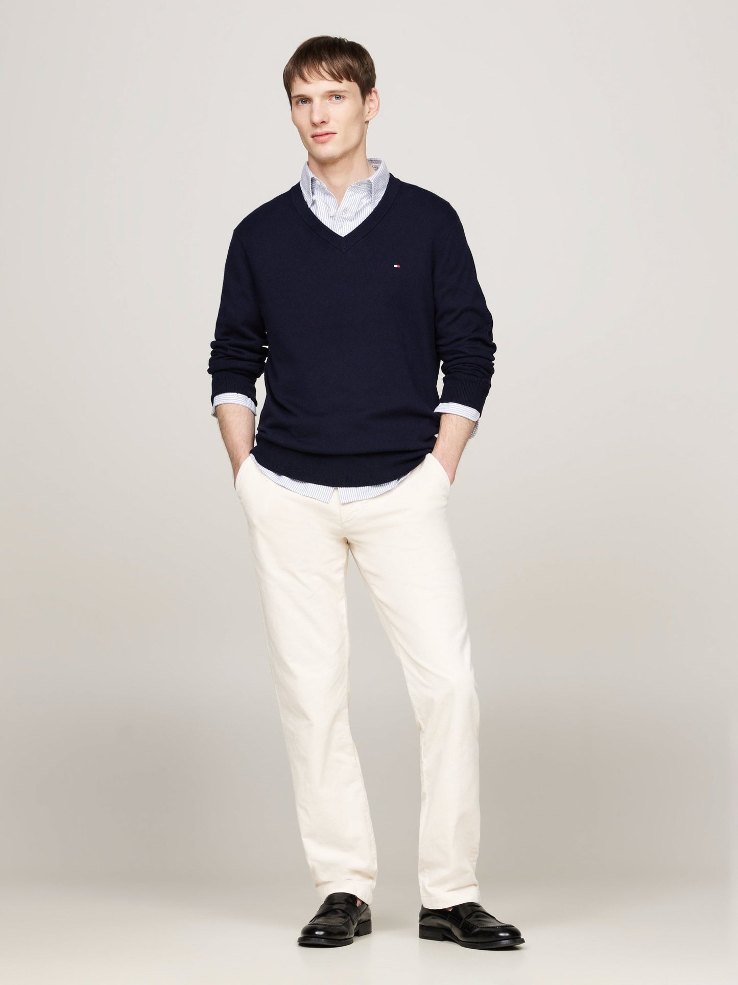 Tommy Hilfiger Cotton Cashmere V Neck Jumper on model, front full length - Matt O'Brien Fashions