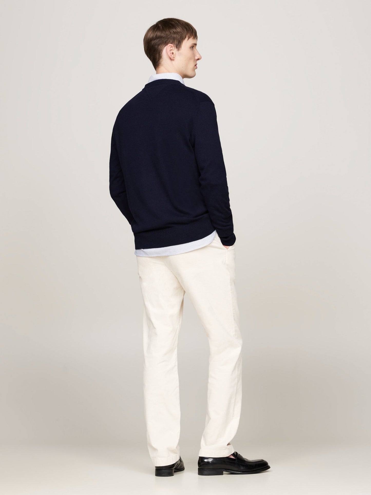Tommy Hilfiger Cotton Cashmere V Neck Jumper on model, back, desert sky - Matt O'Brien Fashions