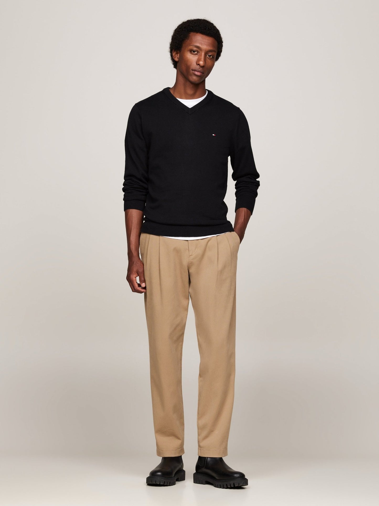 Tommy Hilfiger Cotton Cashmere V Neck Jumper on model, front full length, black - Matt O'Brien Fashions