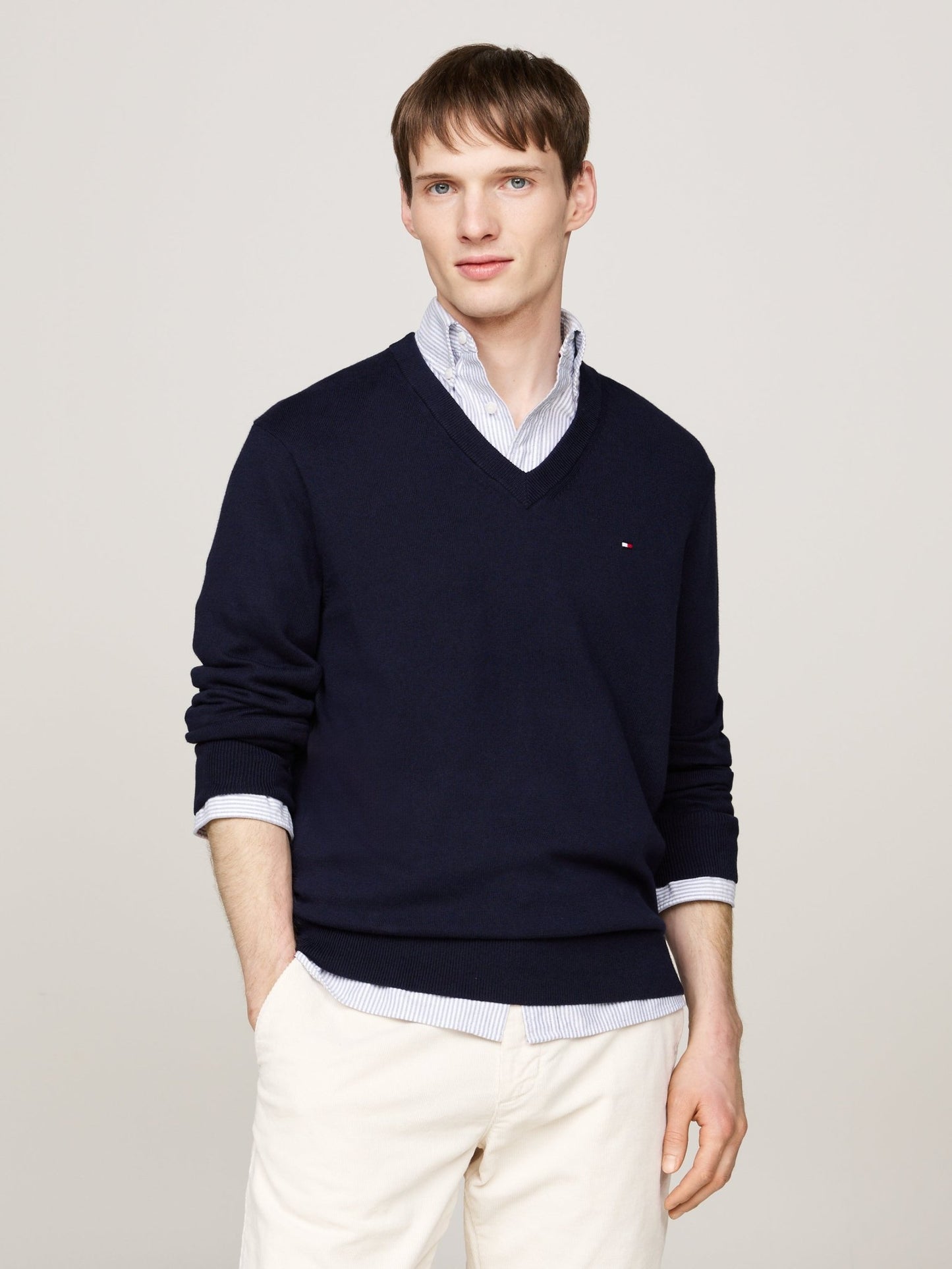 Tommy Hilfiger Cotton Cashmere V Neck Jumper on model, front, Desert Sky - Matt O'Brien Fashions