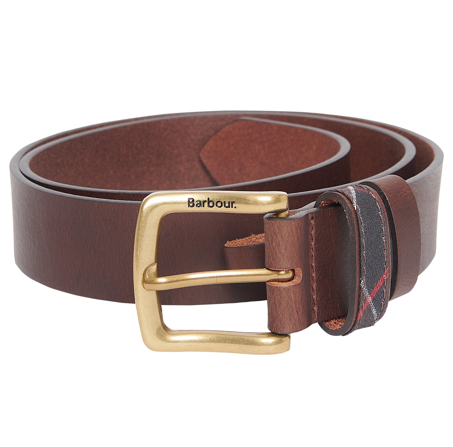 Barbour Esk leather belt with tartan trim, gold coloured buckle with Barbour engraving - Matt O'Brien Fashions