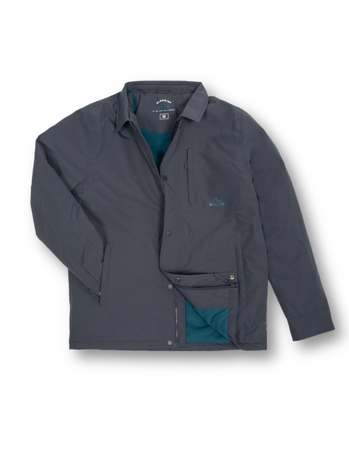 A dark gray utility jacket from Bleubird, shown flat on a white background with its front flap open to reveal a teal lining.