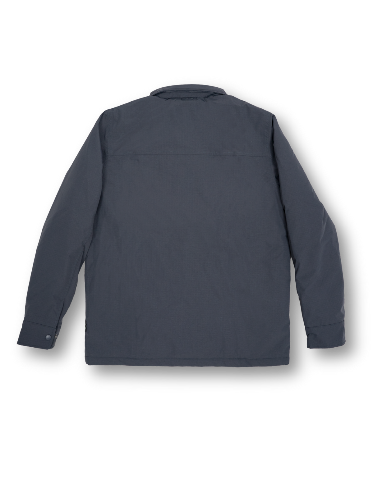 A dark slate blue-gray jacket shown from the back, featuring a collar, long sleeves, and a smooth matte finish, photographed against a clean white background.