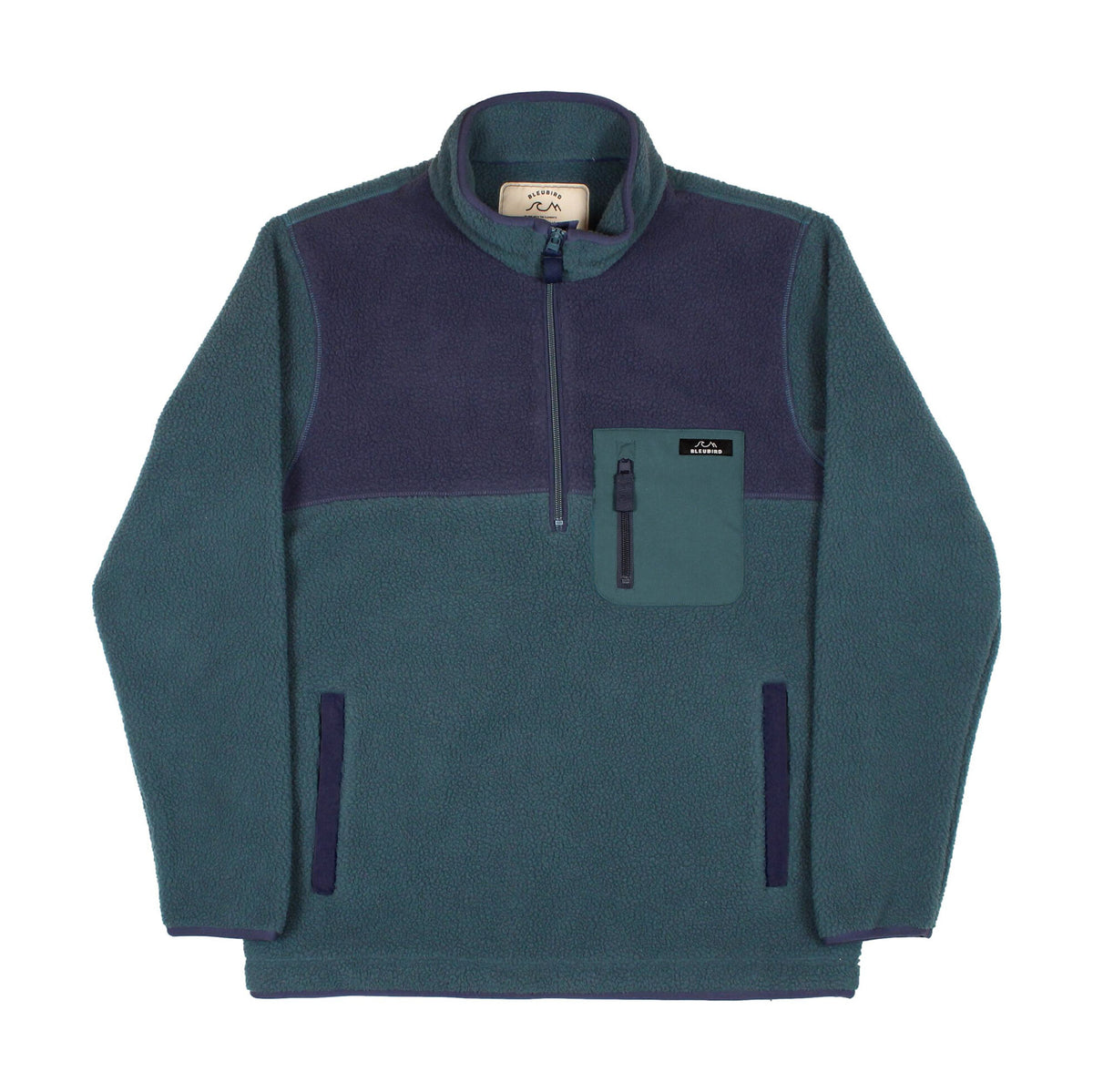 A Bleubird quarter-zip fleece pullover in teal and dark purple, featuring a chest zip pocket and vertical zip details on the sleeves, shown against a plain white background.