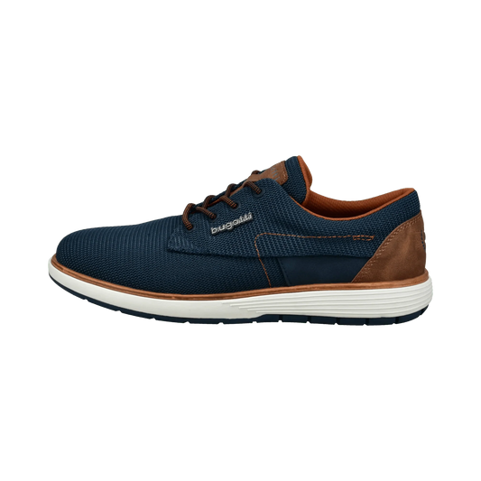 Navy and brown shoe on a white background