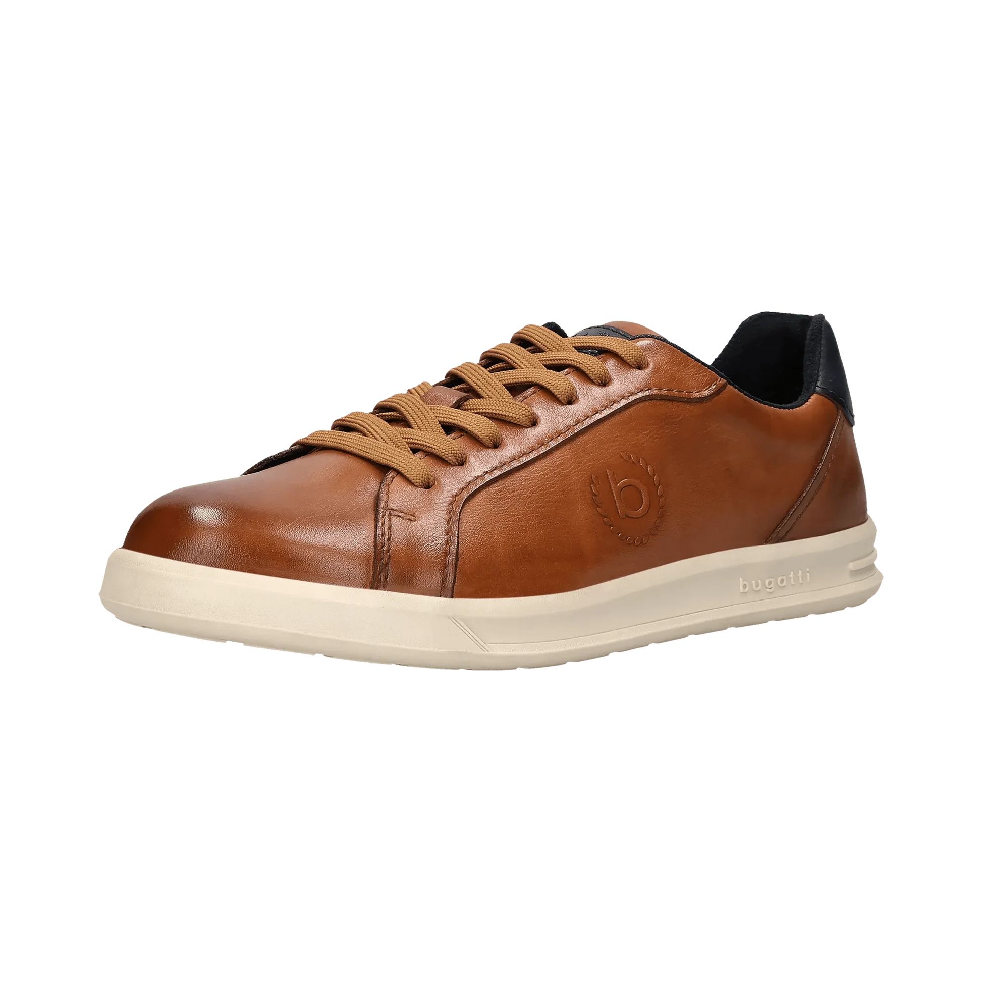 Brown leather sneaker with dark navy heel and beige sole with a visible Bugatti logo