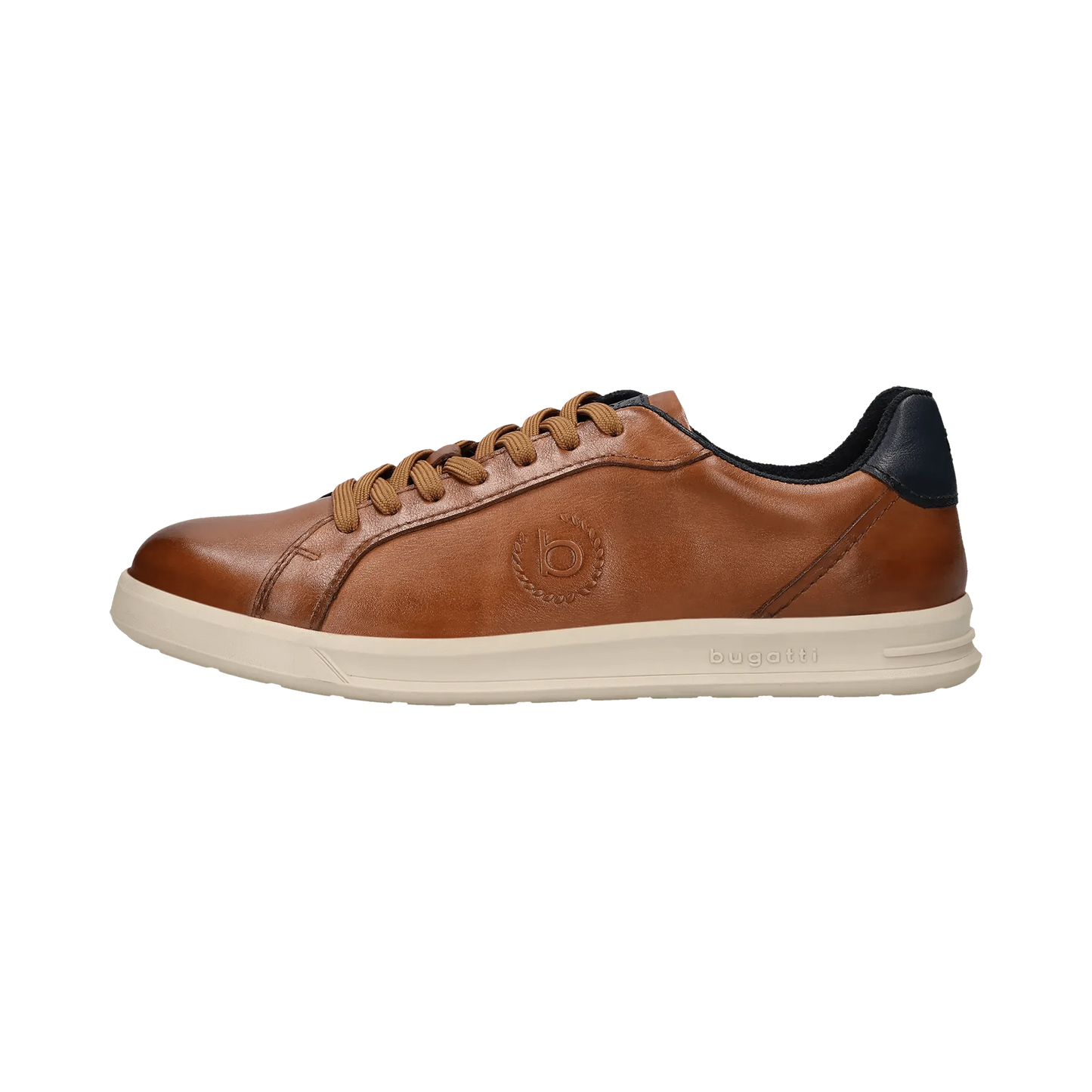 Brown leather sneaker with navy heel on a white background