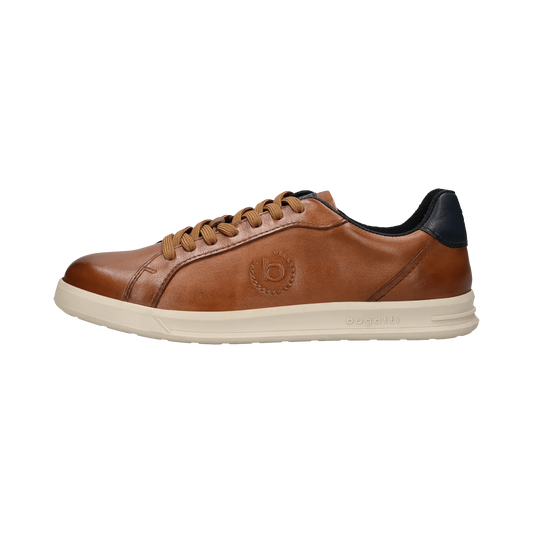Brown leather sneaker with navy heel on a white background