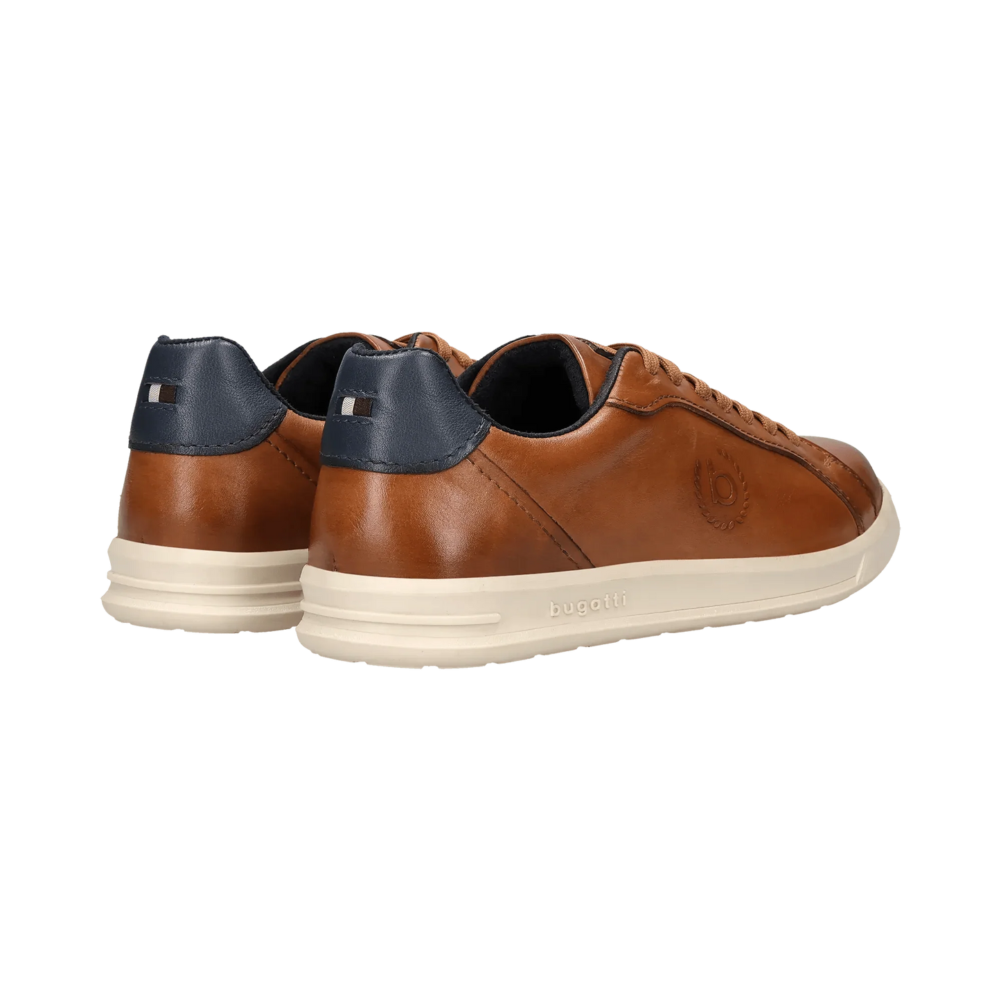 Brown leather sneakers with navy accents on a white background