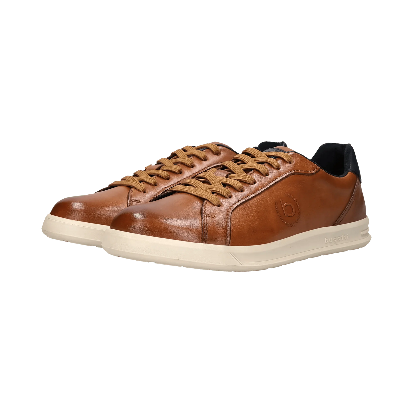 Brown leather sneaker with dark navy heel and beige sole with a visible Bugatti logo