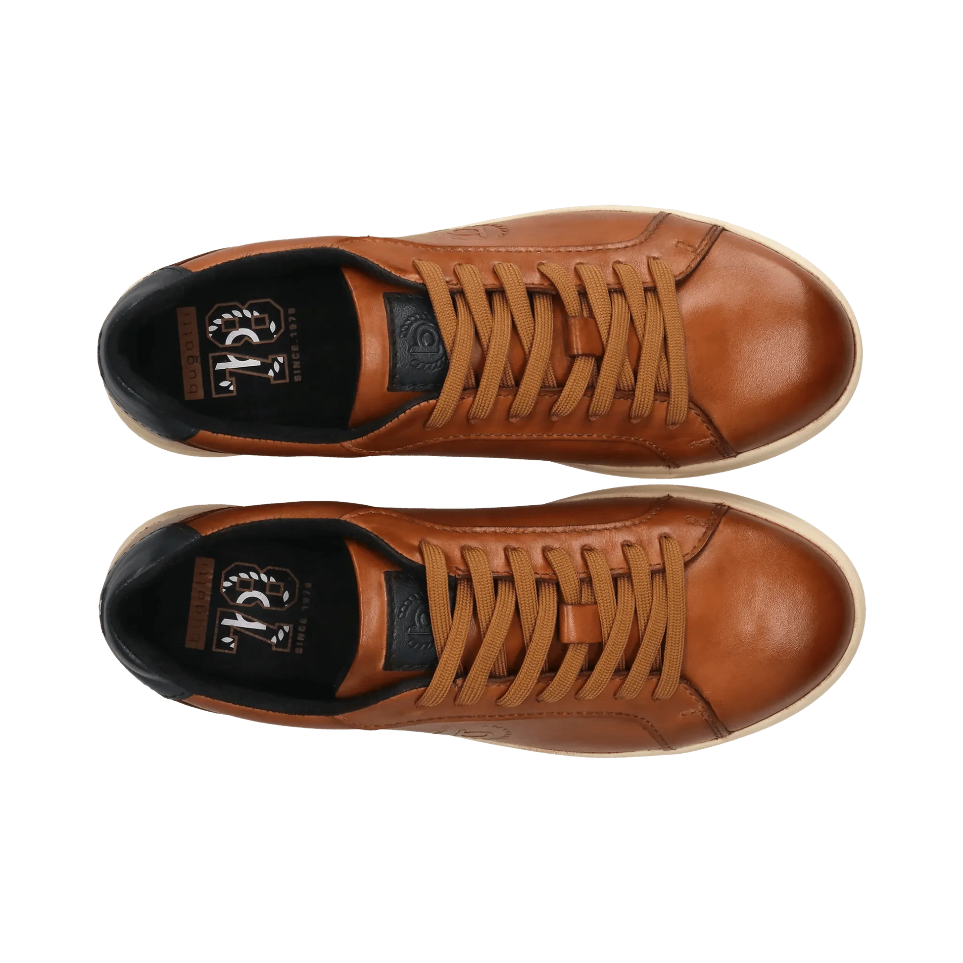 Brown leather sneaker with dark navy heel and beige sole with a visible Bugatti logo