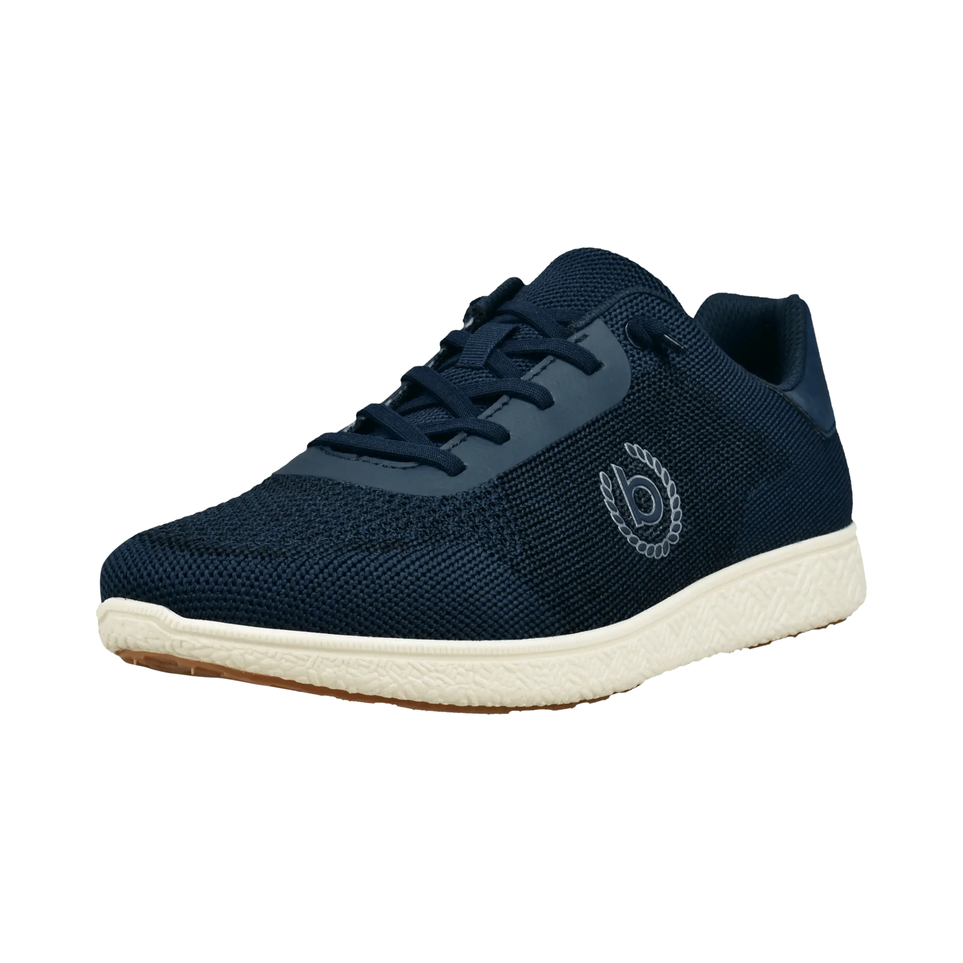 Side view of a navy sneaker with mesh upper and a white sole. Bugatti "B" logo on the side
