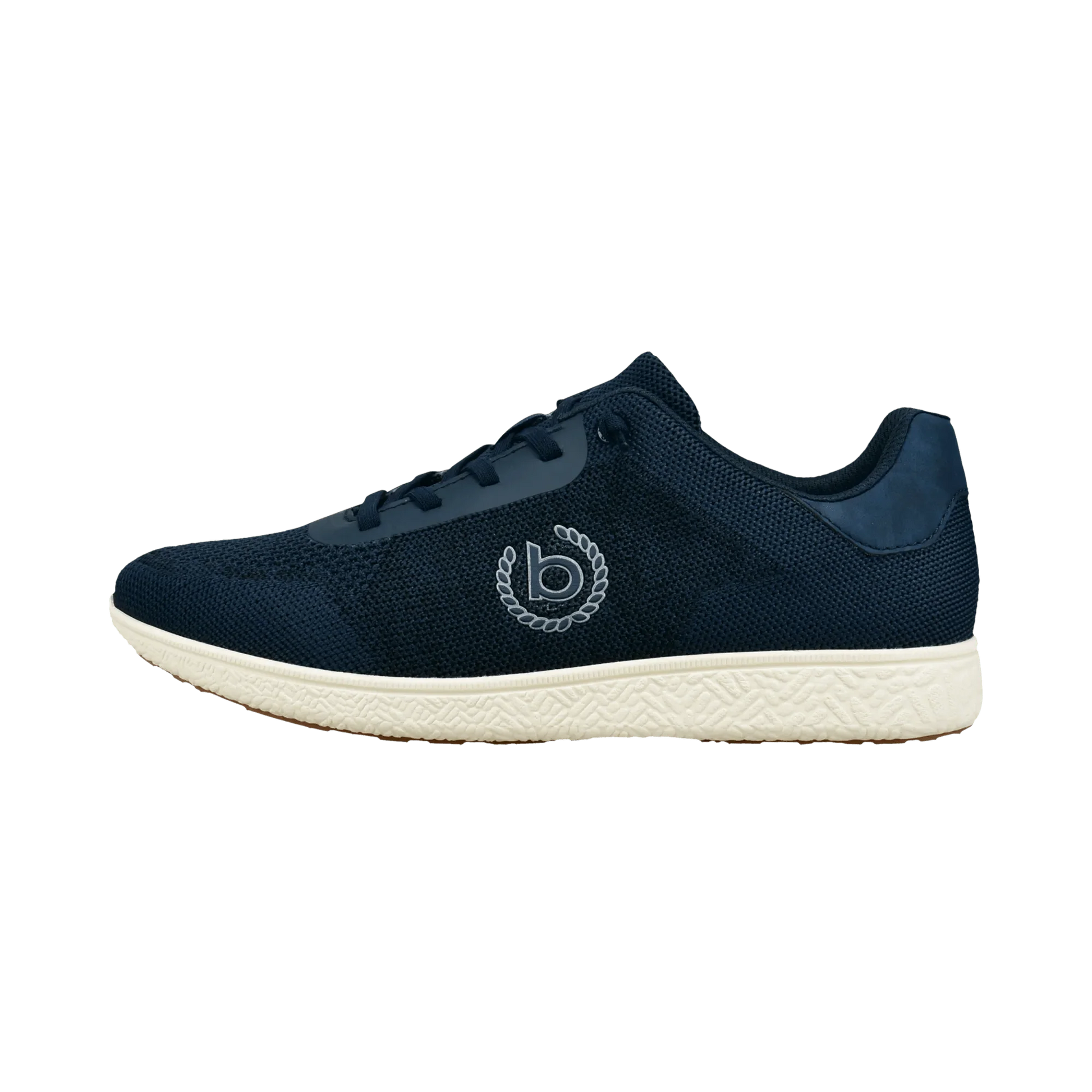 Side view of a navy sneaker with mesh upper and a white sole. Bugatti "B" logo on the side