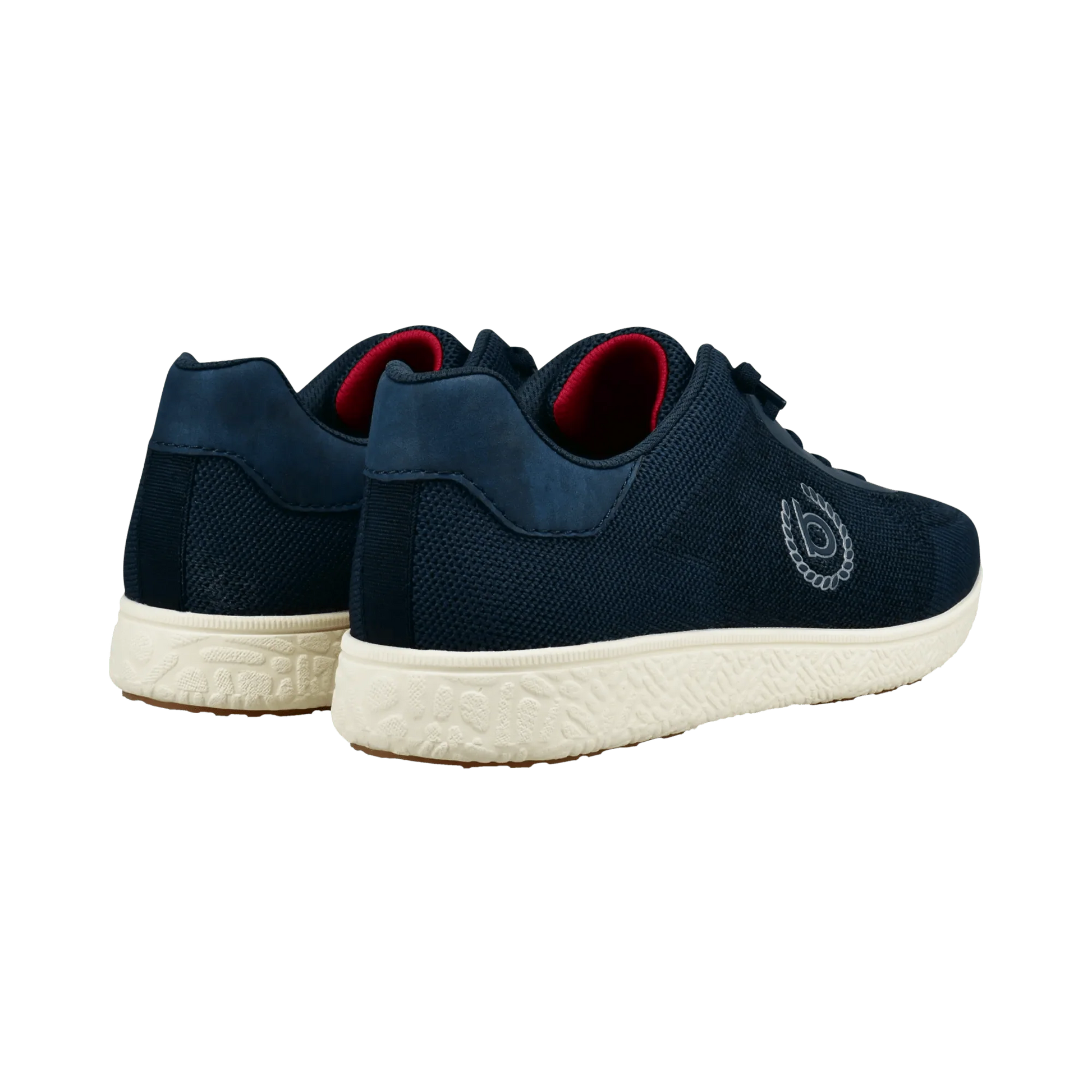 Heel view of navy sneakers with mesh upper and a white sole. Bugatti "B" logo on the side