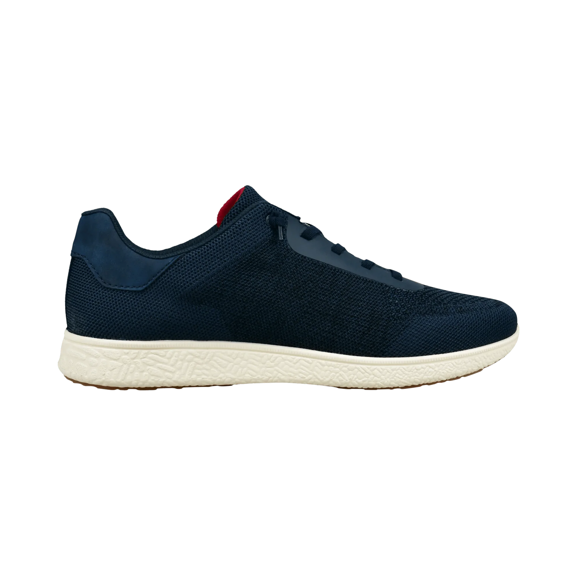 Side view of a navy sneaker with mesh upper and a white sole.