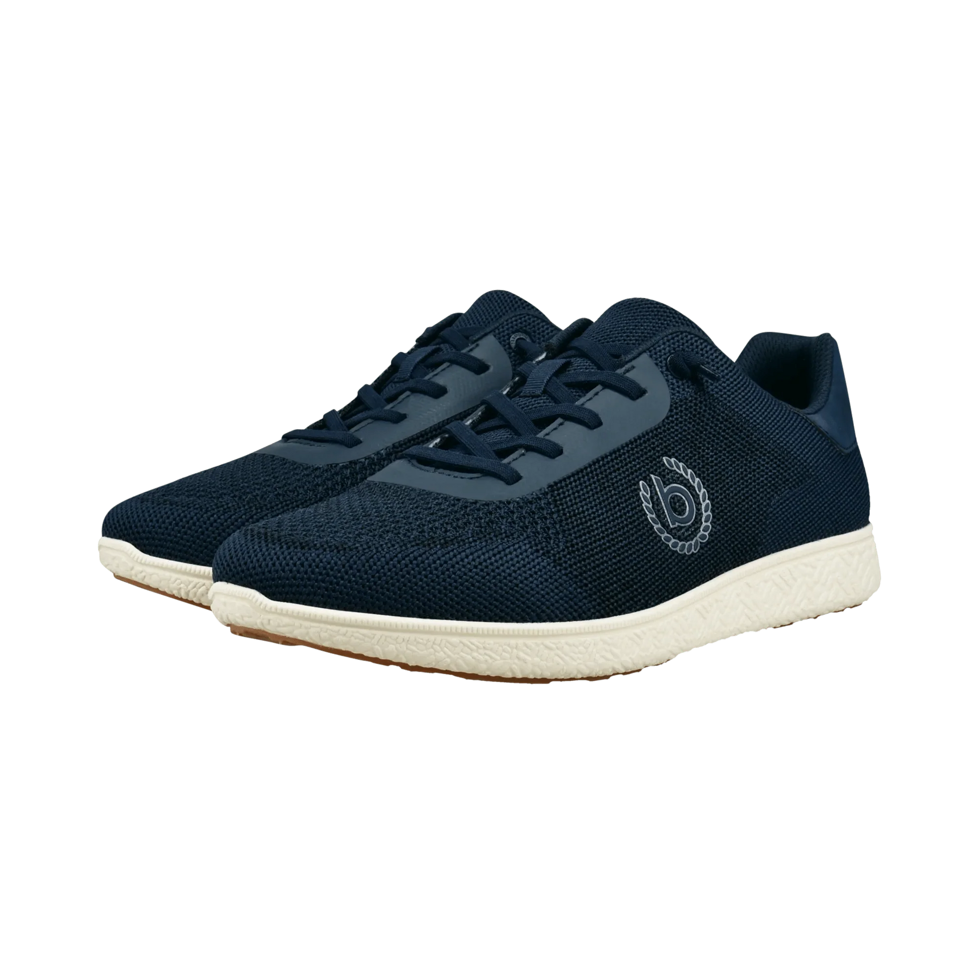 Side view of navy sneakers with mesh upper and a white sole. Bugatti "B" logo on the side