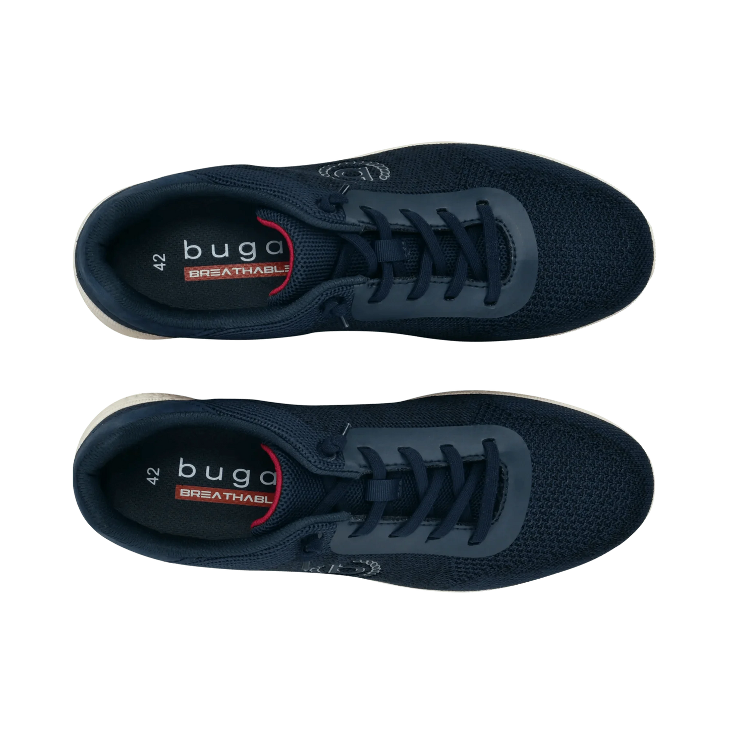 Top down view of a navy sneaker with mesh upper and a white sole. Bugatti "B" logo on the side