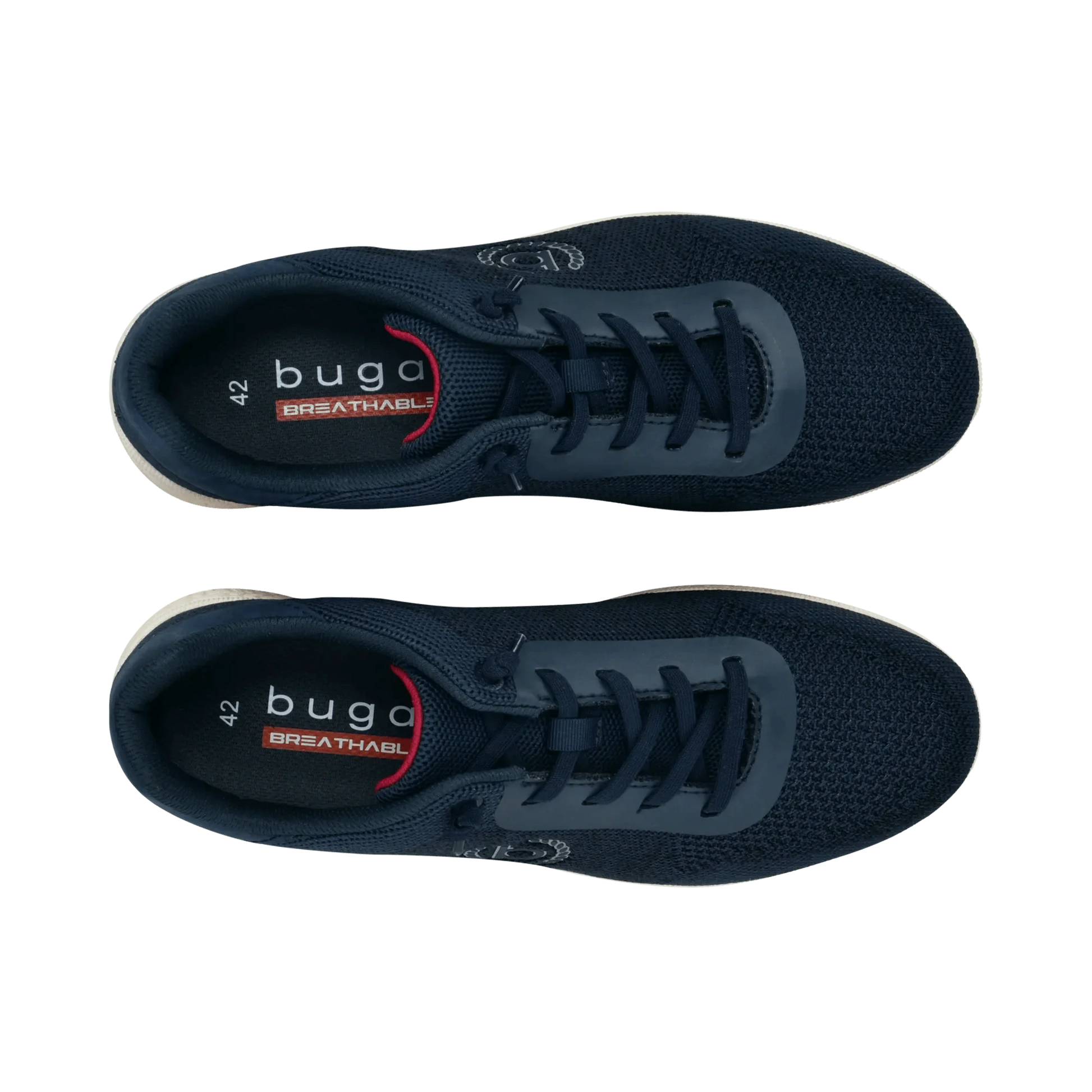 Top down view of a navy sneaker with mesh upper and a white sole. Bugatti "B" logo on the side