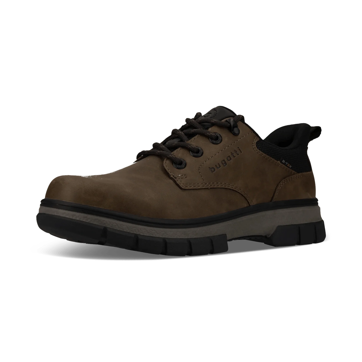 A single brown lace-up shoe with black laces, a black heel tab, and a thick black and gray sole, shown from a side profile on a white background.