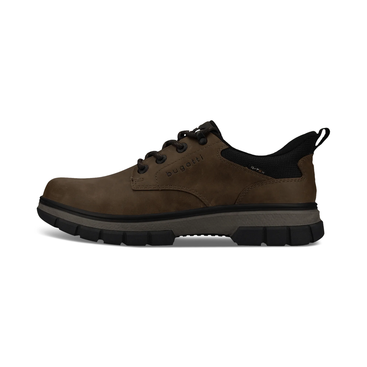 A single brown lace-up shoe shown in profile against a plain white background. The shoe features black laces, a black mesh collar, and a thick black and gray treaded sole.