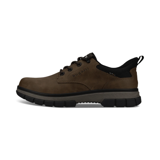 A single brown lace-up shoe shown in profile against a plain white background. The shoe features black laces, a black mesh collar, and a thick black and gray treaded sole.