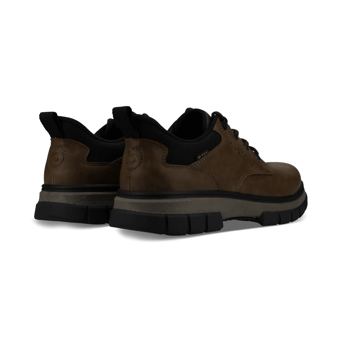 A pair of brown Bugatti work shoes with black laces, black collar lining, and thick black and gray soles, shown from a three-quarters angle on a white background.