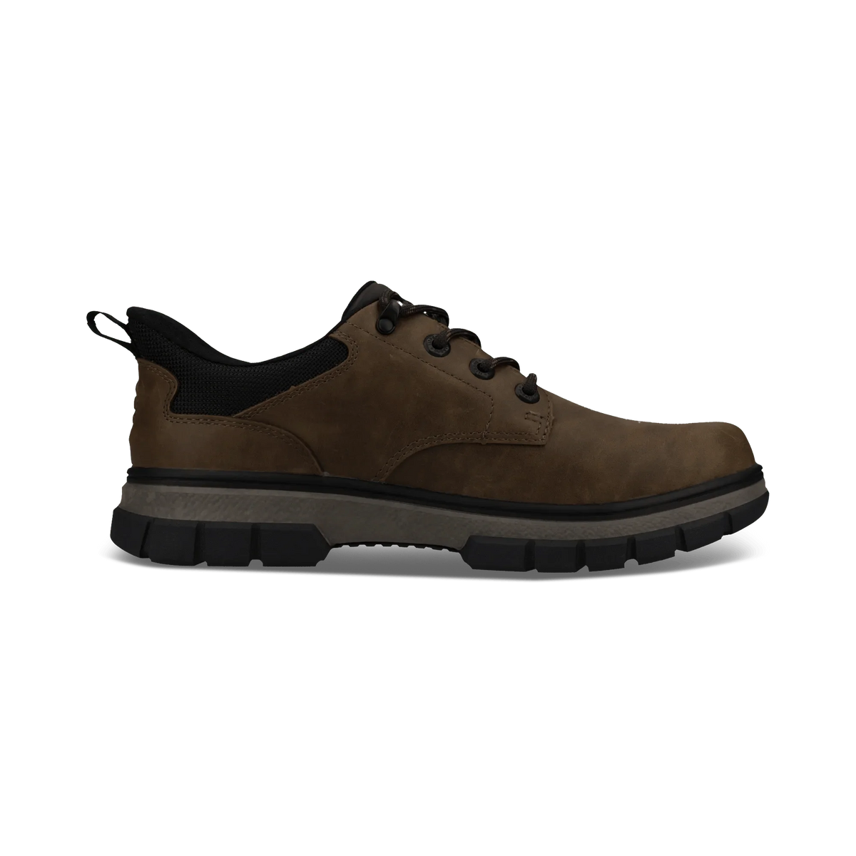A brown lace-up shoe with a black collar, black laces, and a thick black and gray sole, shown in a side profile on a white background.